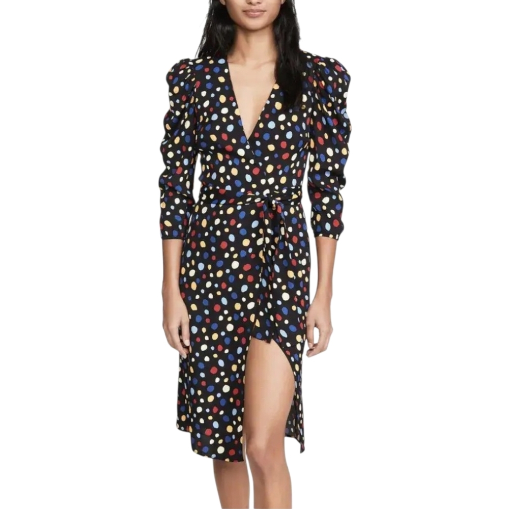 REFORMATION Jaylee Black Multi Polka Dot Puff Sleeves Wrap Midi Dress Womens S